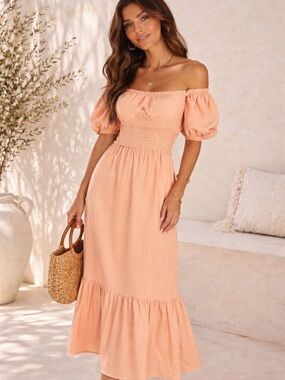 A.L.C. Smocked Off Shoulder Midi Dress Peach Size S
